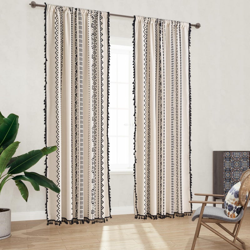 Coral Fish Boho Curtains with Black Geometric Pattern Bohemian Window Curtains with Tassels Fringe for Kitchen Bathroom Light-Filtering Privacy Cotton Drapes, Rod Pocket, 59''W x 63''L, 1 Panel - Image 2