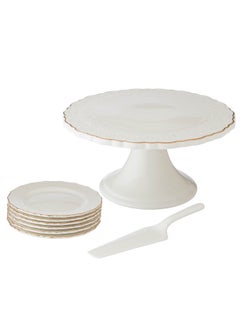 Dania Cake Stand 8 Pieces Set With White Porcelain Plates And Scoop  - Image 1