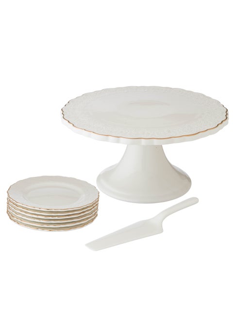 Cake Stand 8 Pieces Set With White Porcelain Plates And Scoop