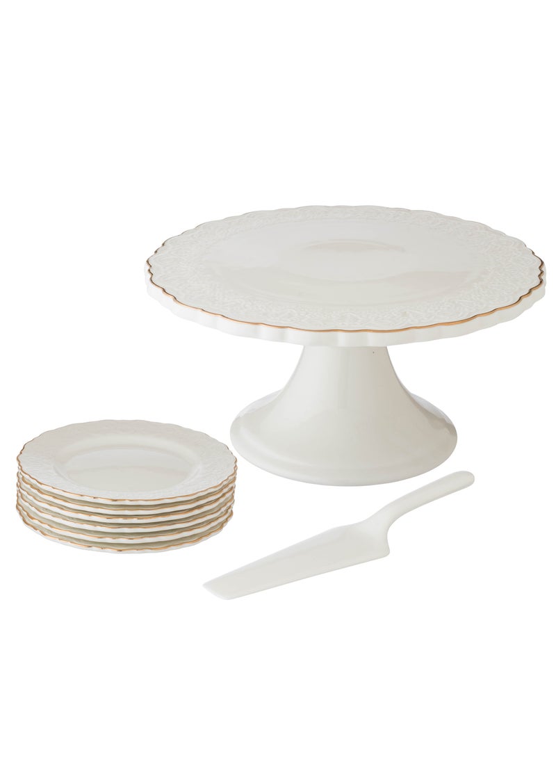Dania Cake Stand 8 Pieces Set With White Porcelain Plates And Scoop  - Image 1