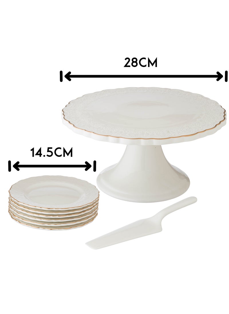 Dania - Cake Stand 8 Pieces Set With White Porcelain Plates And Scoop - Image 1