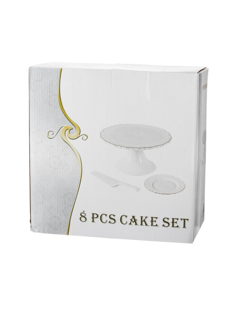 Dania - Cake Stand 8 Pieces Set With White Porcelain Plates And Scoop - Image 1