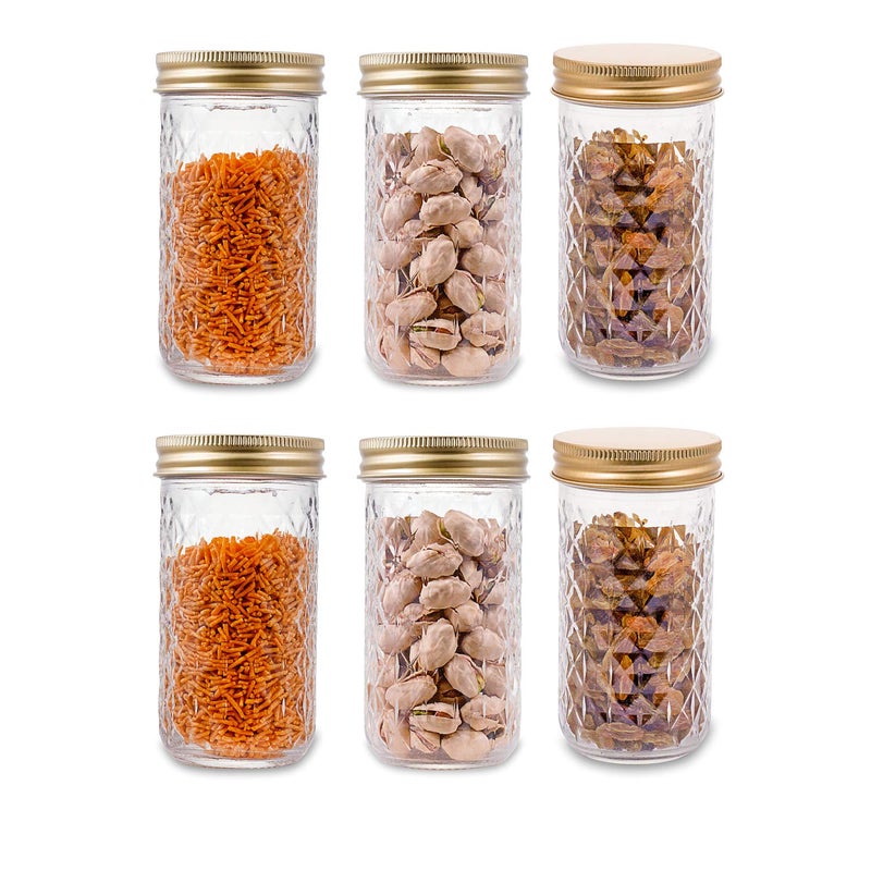 CROCO JAR Croco 350 Ml Mason Jars With Lids Canning Jars Wide Mouth Mason Jar Cup For Jam Honey Baby Foods Craft and Dry Food Storage Pack Of 6 Golden - Image 1