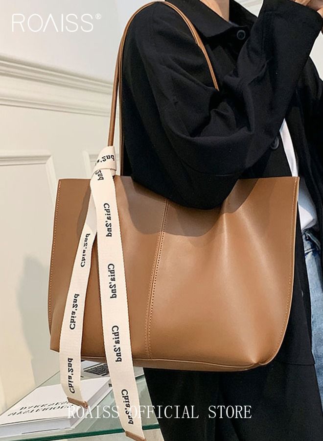 roaiss Women's Large-Capacity Bag All-Match Commuter Shoulder Bag Student Tote Bag Retro Texture with Fashion Ribbon  - Image 3