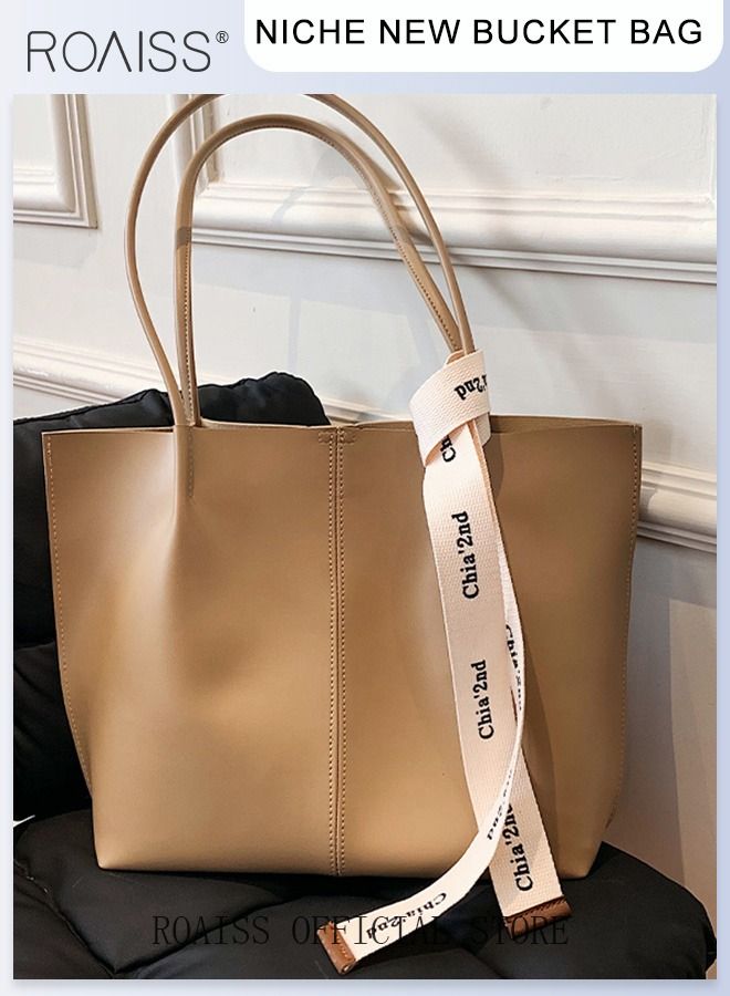 roaiss Women's Large-Capacity Bag All-Match Commuter Shoulder Bag Student Tote Bag Retro Texture with Fashion Ribbon  - Image 4
