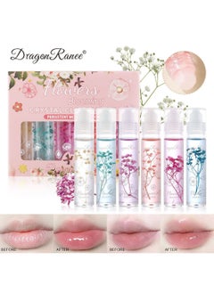 Crystal Clear Lip Oil, Glossy Lip Plumper Flower Set, Moisturizing Transparent High-Shine Long Lasting Lip Tint Lipstick for Lip Care and Dry Lips 6Pcs