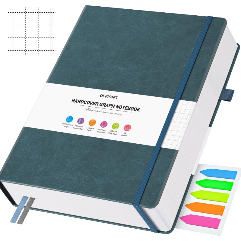 OFFIGIFT Graph Paper Notebook, 312 Numbered Pages B5 Hardcover Leather Journal, 100gsm No Bleed Grid Paper Notebook with Index Pages, Grid Notebook for Graphing Notes Math, 7.6'' X 10'', Grey Blue - Image 1