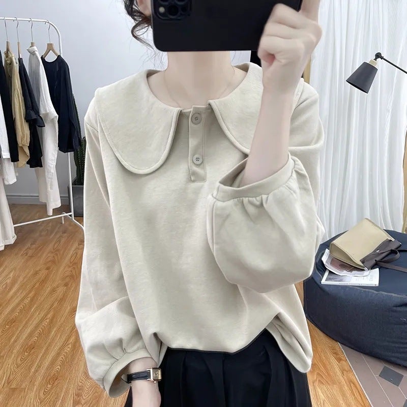 Korean style design feeling small fresh doll collar sweater womens 2024 new autumn western style age-reducing all-match top White (fabric) - Image 2