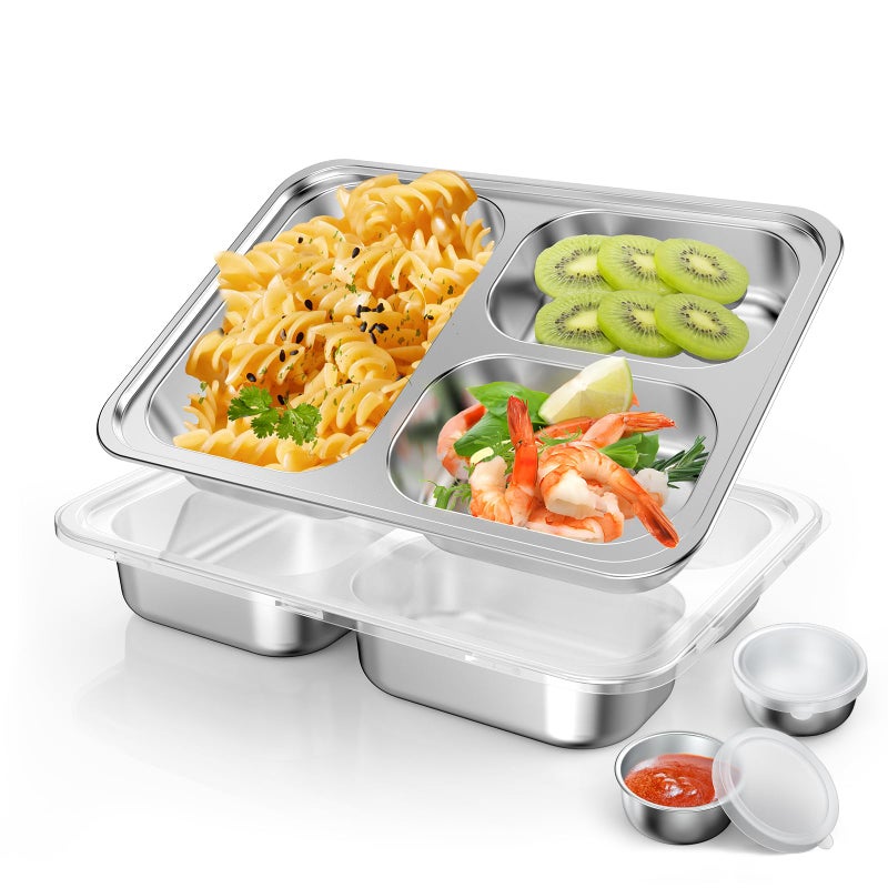 Bakpoco Stainless Steel Divided Plate for Kids Toddler Non Toxic Portion Control Plate Dinner Plate with Lid for Adults Weight Loss 2 Pack 3 Sections Rectangular Snack Plate Tray