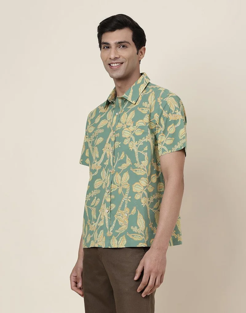 Fabindia Green Cotton Hand Block Printed Bush Shirt