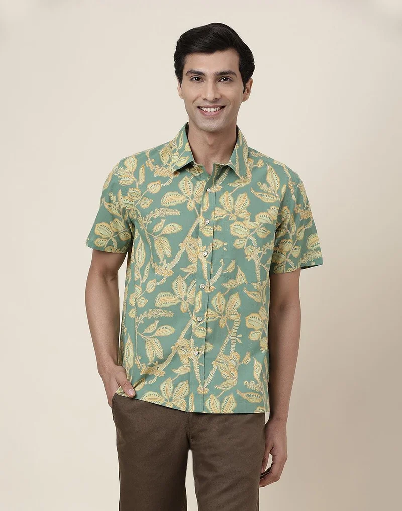 Fabindia Green Cotton Hand Block Printed Bush Shirt