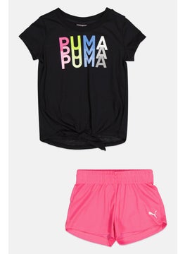 PUMA Kids Girl 2Pcs Jersey Short Sleeve Tee And Mesh Shorts Set, Black/Pink  - Image 1