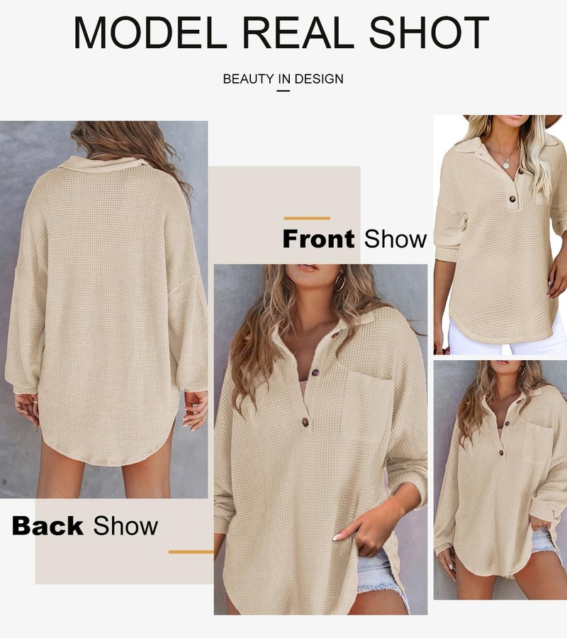 Astylish Women Henley Long Sleeve Shirt V Neck Breathable Solid Oversized Button Up Blouse Waffle Top Tunics Light French Beige XX-Large - Image 5