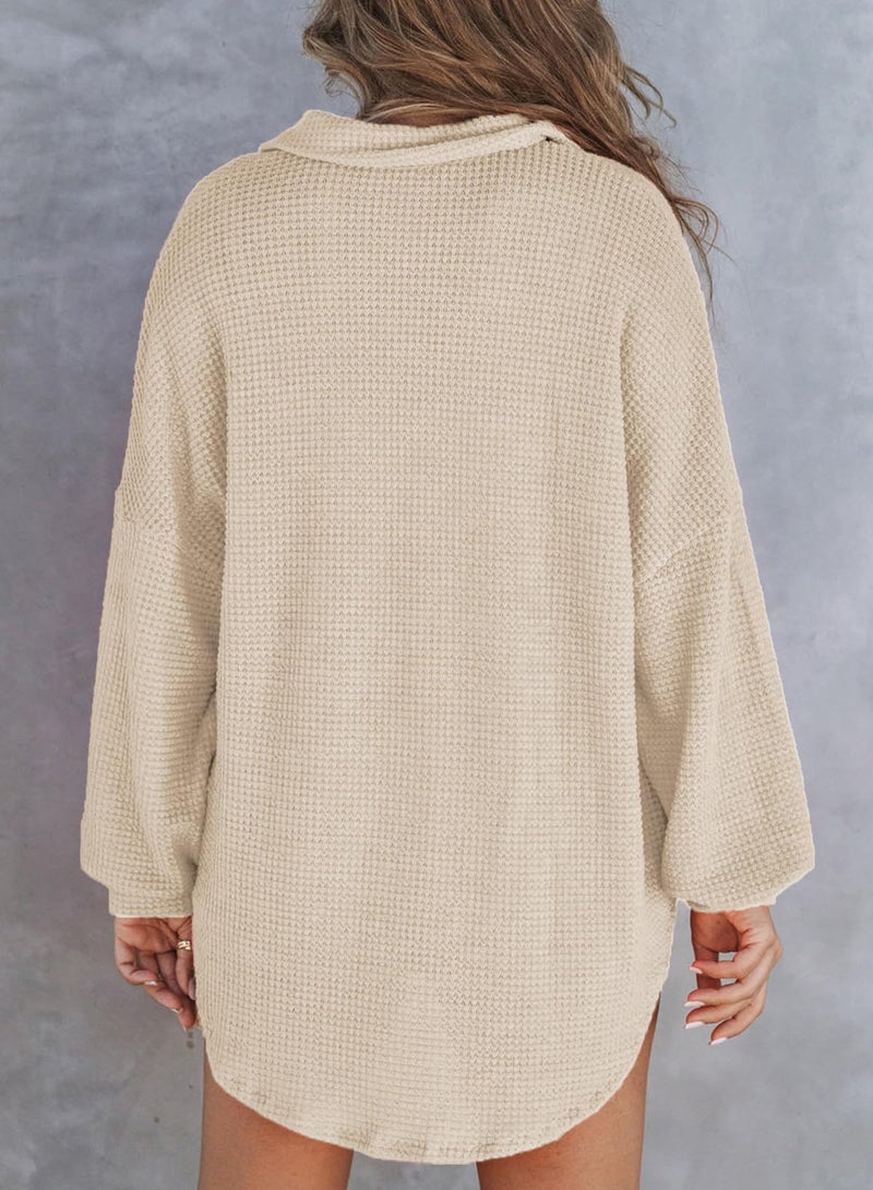 Astylish Women Henley Long Sleeve Shirt V Neck Breathable Solid Oversized Button Up Blouse Waffle Top Tunics Light French Beige XX-Large - Image 3