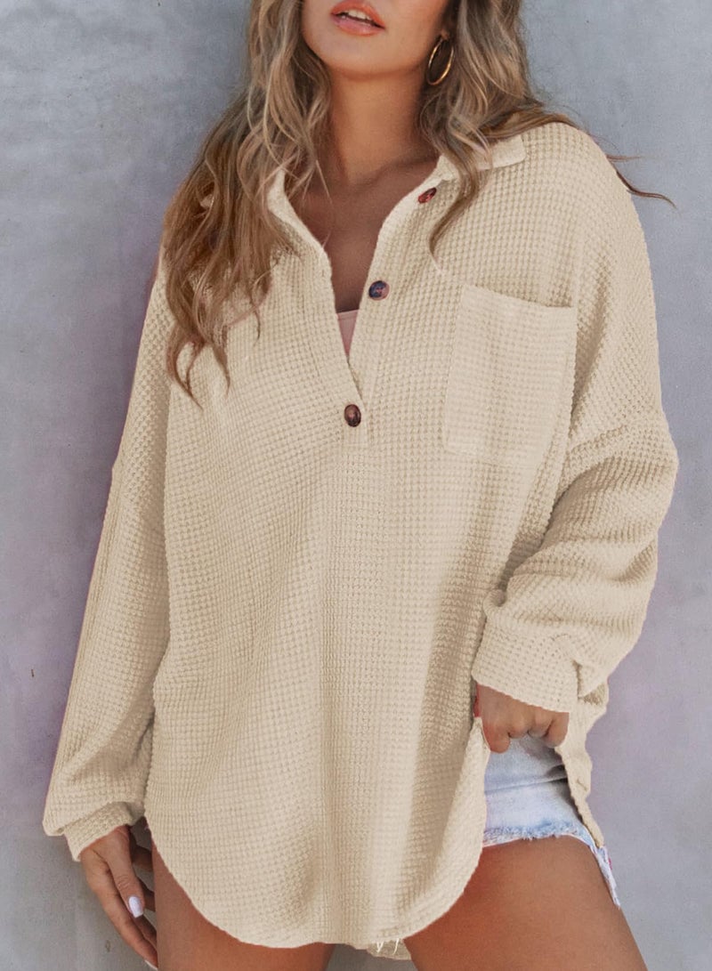 Astylish Women Henley Long Sleeve Shirt V Neck Breathable Solid Oversized Button Up Blouse Waffle Top Tunics Light French Beige XX-Large - Image 2