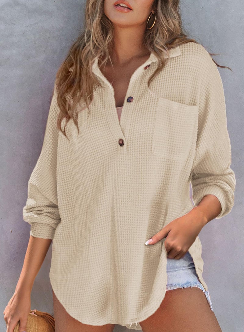 Astylish Women Henley Long Sleeve Shirt V Neck Breathable Solid Oversized Button Up Blouse Waffle Top Tunics Light French Beige XX-Large - Image 4