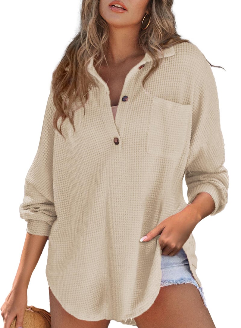 Astylish Women Henley Long Sleeve Shirt V Neck Breathable Solid Oversized Button Up Blouse Waffle Top Tunics Light French Beige XX-Large - Image 1