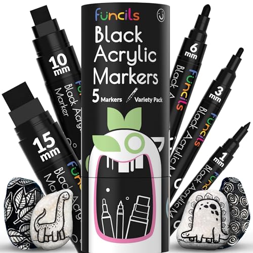 Funcils 5 Acrylic Black Paint Pen Fine Tip Thin Point Jumbo Pens 1mm 3mm 6mm 10mm 15mm Black Paint Marker for Plastic Canvas Wood Rock Painting Fabric Tire Metal Glass - Image 1