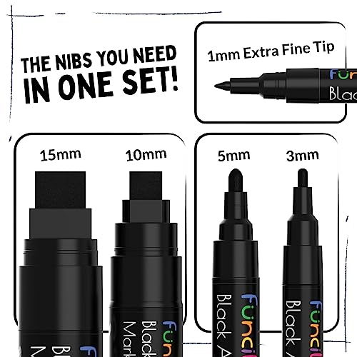 Funcils 5 Acrylic Black Paint Pen Fine Tip Thin Point Jumbo Pens 1mm 3mm 6mm 10mm 15mm Black Paint Marker for Plastic Canvas Wood Rock Painting Fabric Tire Metal Glass - Image 3