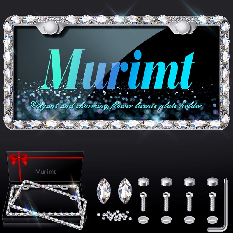 Murimt 2pcs Bling License Plate Frames with Gift Box - Rhinestone Sparkly Diamond Holder for Women - Image 1