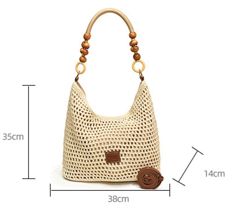 Caistre Crochet Summer Beach Bag for Women Woven Cotton Mesh Hobo Handbag Fashion Bead Handmade Shoulder Bag Purse - Image 3