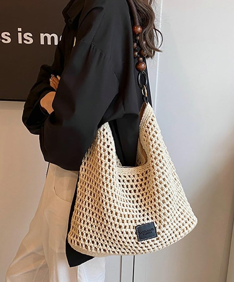 Caistre Crochet Summer Beach Bag for Women Woven Cotton Mesh Hobo Handbag Fashion Bead Handmade Shoulder Bag Purse - Image 2