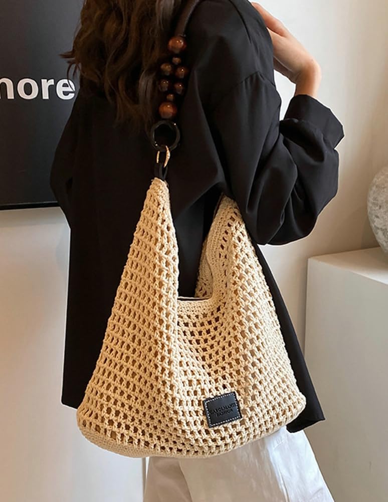Caistre Crochet Summer Beach Bag for Women Woven Cotton Mesh Hobo Handbag Fashion Bead Handmade Shoulder Bag Purse - Image 5