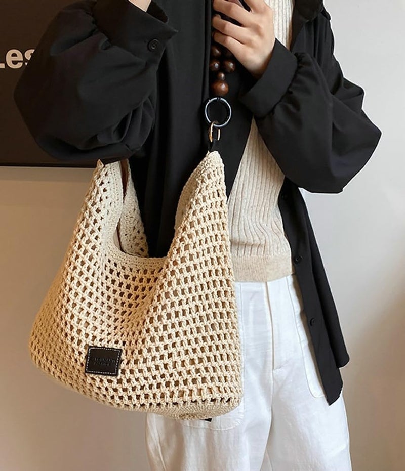 Caistre Crochet Summer Beach Bag for Women Woven Cotton Mesh Hobo Handbag Fashion Bead Handmade Shoulder Bag Purse - Image 1