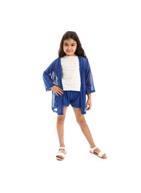 kady Open Neckline Pique Pattern 3/4 Sleeves Cardigan With Front Pocket Girls