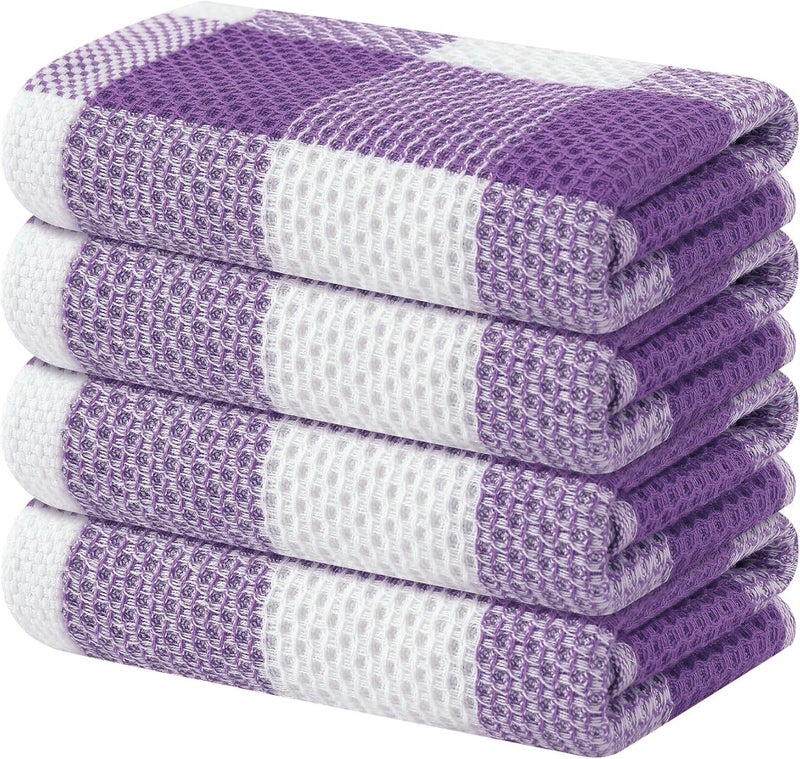 Homaxy 100% Cotton Waffle Weave Check Plaid Kitchen Towels  13 X 28 Inches  Super Soft And Absorbent Dish Towels For Drying Dishes  4-Pack  White & Purple - Image 1