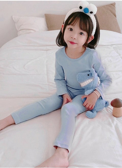 Kids Solid Color Thermal Underwear Set Cotton Soft Long Johns Base Layer Top & Bottom Children's Pajama Set Dusty Blue