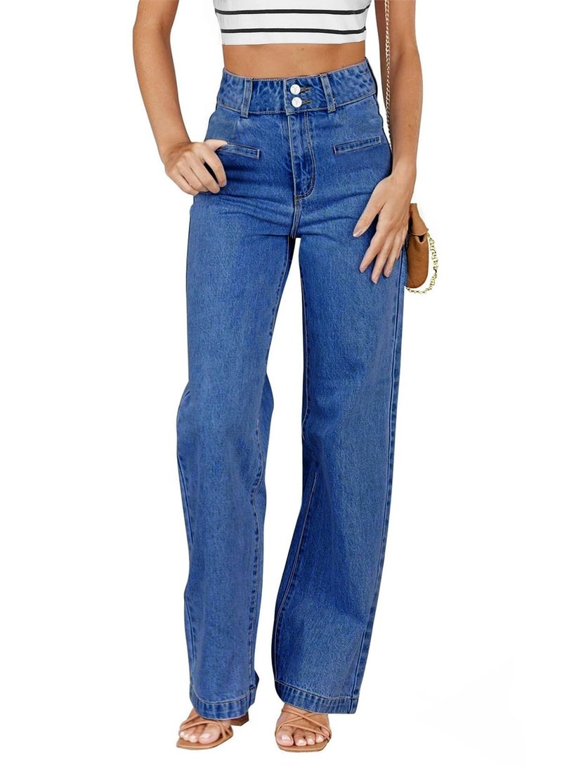 Sidefeel Women's Wide Leg Jeans Trendy High Waisted Straight Leg Ankle Jeans Tummy Control Stretchy Loose Denim Pants Blue Size 16 - Image 1