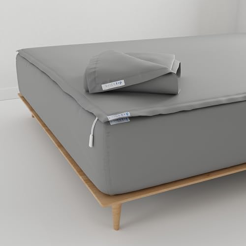 QuickZip Fitted Plus Spare Bundle: 1 Fitted Sheet (Base + Zip Sheet) & 1 Zip Sheet - Easy to Change, Won’t Pop Off - Soft Sateen 400 TC 100% Cotton 15” Deep Pockets Twin XL Size Sheets – Slate Gray - Image 1
