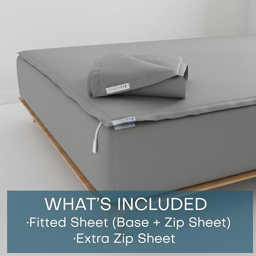 QuickZip Fitted Plus Spare Bundle: 1 Fitted Sheet (Base + Zip Sheet) & 1 Zip Sheet - Easy to Change, Won’t Pop Off - Soft Sateen 400 TC 100% Cotton 15” Deep Pockets Twin XL Size Sheets – Slate Gray - Image 2