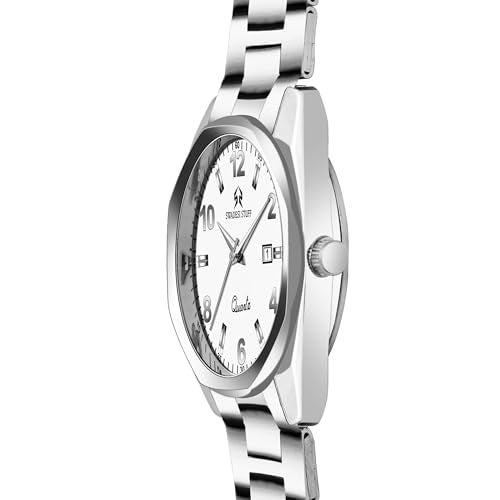 SWADESI STUFF Men's Premium Stainless Steel Analog Quartz Watch – 42mm Hexagon Dial with Date Display (Blue/Black/White) (White) - Image 3