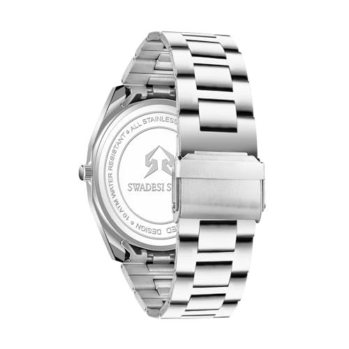 SWADESI STUFF Men's Premium Stainless Steel Analog Quartz Watch – 42mm Hexagon Dial with Date Display (Blue/Black/White) (White) - Image 5