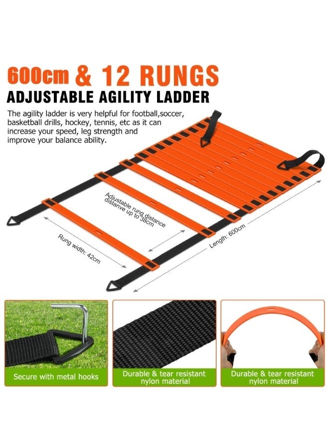 والالا معدات تدريب السرعة وخفة الحركة: ٥ حواجز خفة حركة قابلة للتعديل. سلم خفة حركة بطول ٦٠٠ سم، مجموعة معدات تدريب كرة القدم للأطفال والشباب والبالغين. - Image 2