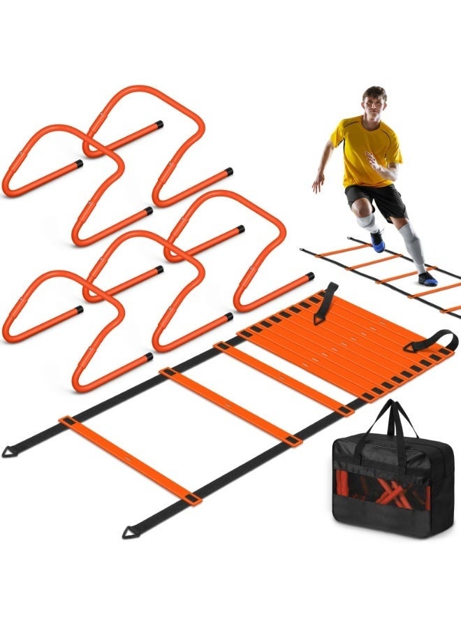 والالا معدات تدريب السرعة وخفة الحركة: ٥ حواجز خفة حركة قابلة للتعديل. سلم خفة حركة بطول ٦٠٠ سم، مجموعة معدات تدريب كرة القدم للأطفال والشباب والبالغين. - Image 1