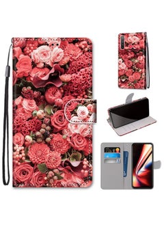 HuHa Case Cover For Realme 5 / 5s / 5i / C3 / C3i / 6i / Narzo10 / 10A / 20A Coloured Drawing Cross Texture Horizontal Flip PU Leather Case with Holder & Card Slots & Wallet & Lanyard Pink Rose Garden 
