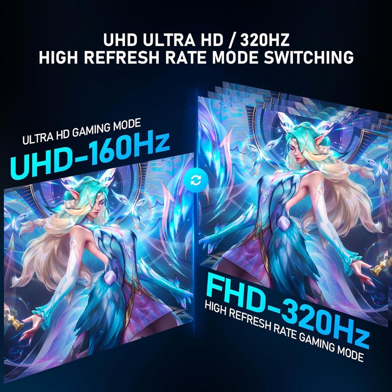 CRUA شاشة ألعاب 27 بوصة Fast IPS 4K 160Hz / FHD 300Hz وضع مزدوج، 1ms (GTG)، 120% sRGB HDR، مزامنة تكيفية، قابل لضبط الارتفاع عموديًا، مكبر صوت مدمج، إضاءة خلفية RGB، شاشة ألعاب بيضاء - Image 2