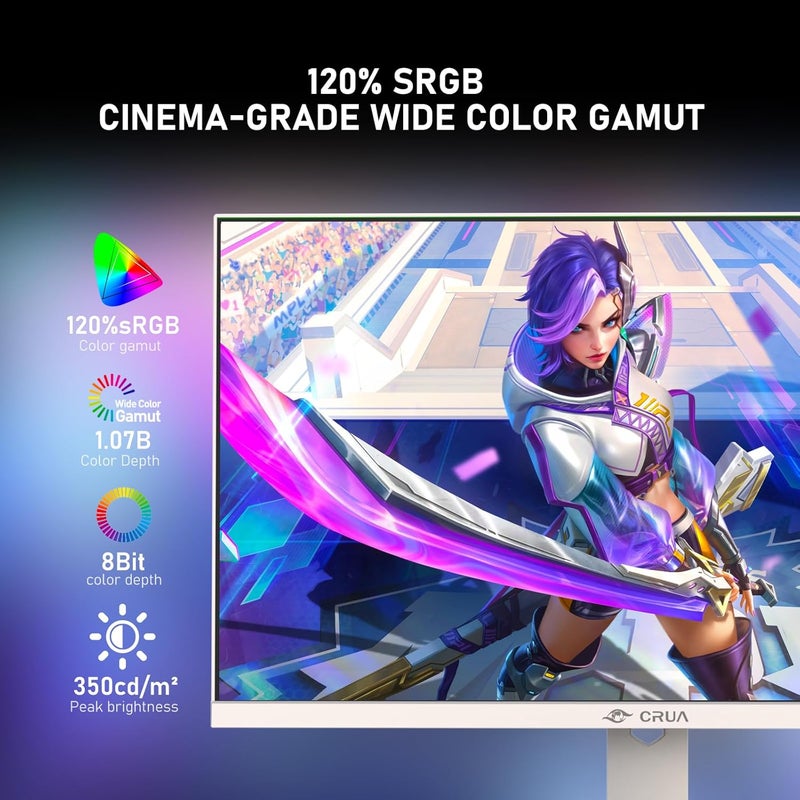 CRUA شاشة ألعاب 27 بوصة Fast IPS 4K 160Hz / FHD 300Hz وضع مزدوج، 1ms (GTG)، 120% sRGB HDR، مزامنة تكيفية، قابل لضبط الارتفاع عموديًا، مكبر صوت مدمج، إضاءة خلفية RGB، شاشة ألعاب بيضاء - Image 3