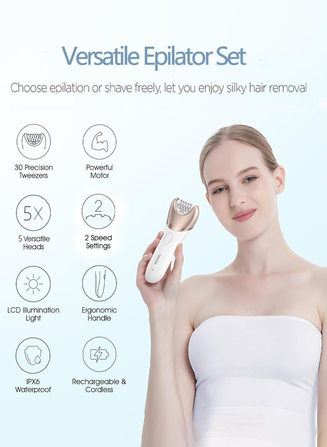 DSP Epilator for Women, 5-in-1 Epilators Hair Removal for Leg Arm with 2 Speeds & LED Light,Cordless Electric Lady Shaver,Trimmer,Facial Brush,Face Massage and Body Exfoliator for Face, Chin, Arm, Leg, Armpit, Bikini,70019U - Image 2