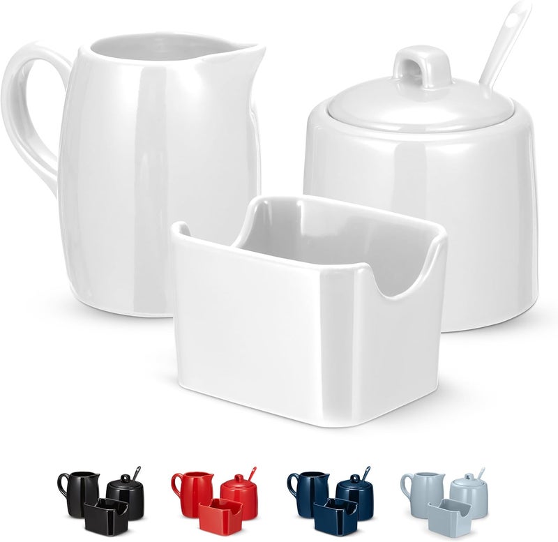 Kook Sugar and Creamer Set, 3 Piece, Pitcher, Sugar Bowl with Lid and Spoon, Sweetener Holder (White) - Image 1