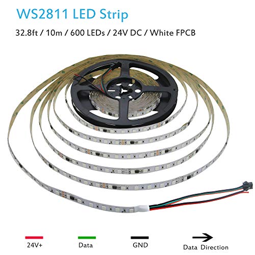 ALITOVE RGB LED Strip Light 32.8ft WS2811 Addressable Programmable Dream Color Digital LED Pixel Light 24V 10m 600 LEDs Rainbow Chasing Effect LED Flexible Light Rope Non-Waterproof White PCB - Image 2