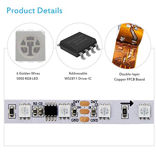 ALITOVE RGB LED Strip Light 32.8ft WS2811 Addressable Programmable Dream Color Digital LED Pixel Light 24V 10m 600 LEDs Rainbow Chasing Effect LED Flexible Light Rope Non-Waterproof White PCB - Image 3