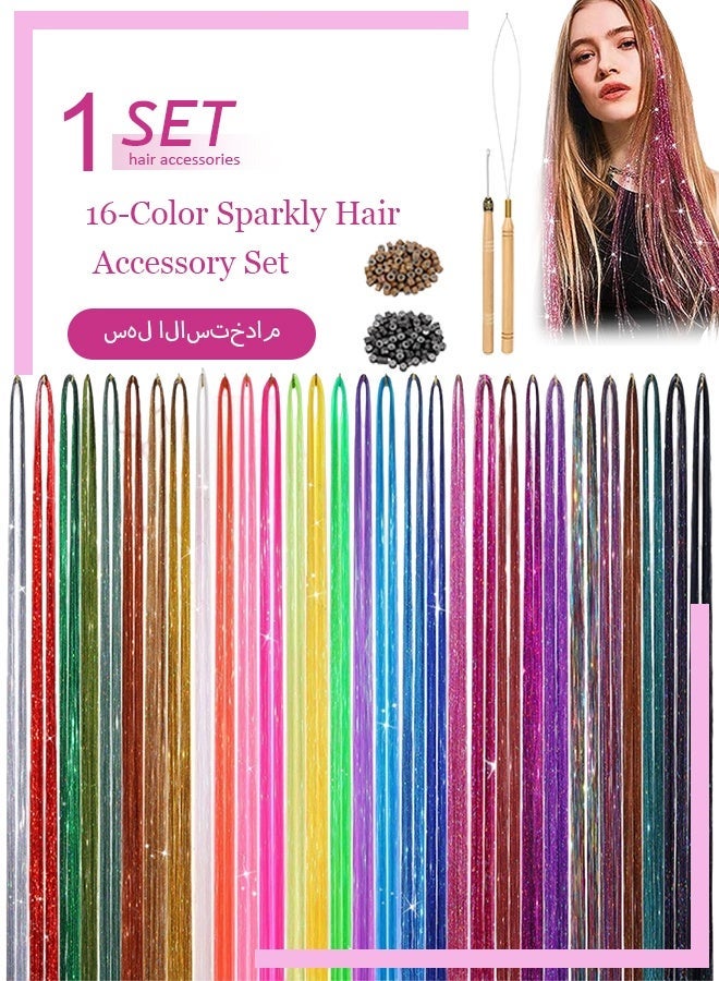 Hair Tinsel, Fairy Tinsel Hair Extensions with 16 Colors 35In 2400 Strands Hair Tinsel Heat Resistant, Glitter Hair Extensions for Women, Hair Accessories for Halloween Christmas Cosplay Party - Image 1