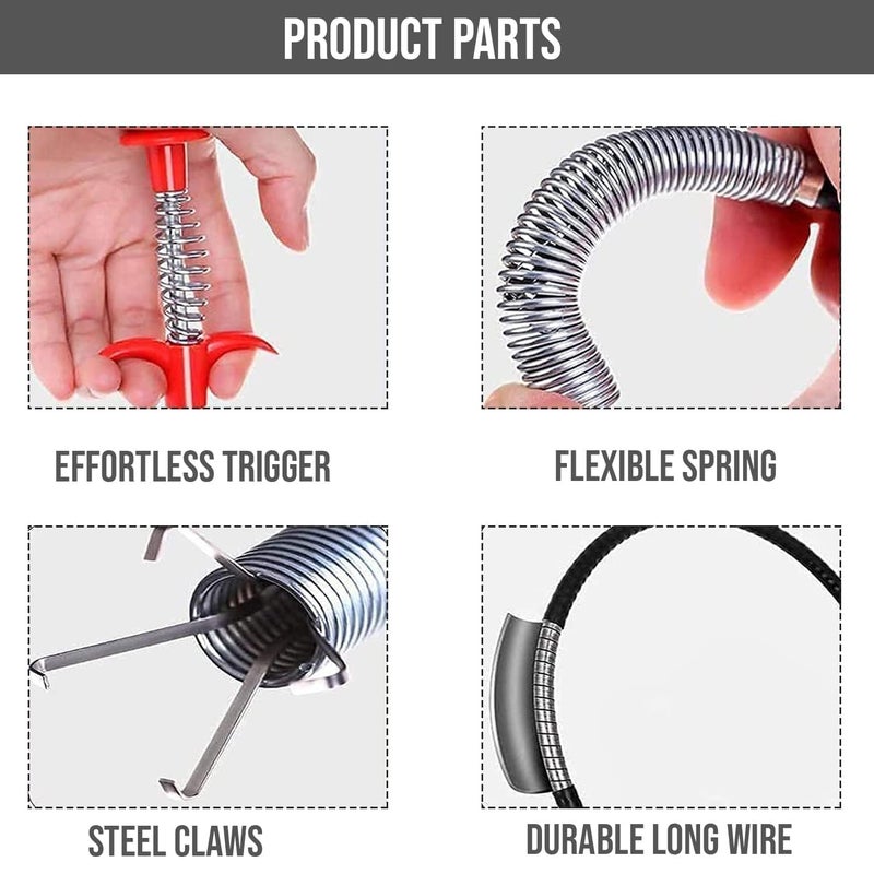 F4FIVE Drain Cleaner Wire Stick Stainless Steel Hair CatchinG Claw Drain Sewer Cleaning Spring Sink Pipe Plunger UnblockeD Kitchen Bath Basin Hairs Remover Tool (160 cm,1 PSC) - Image 2