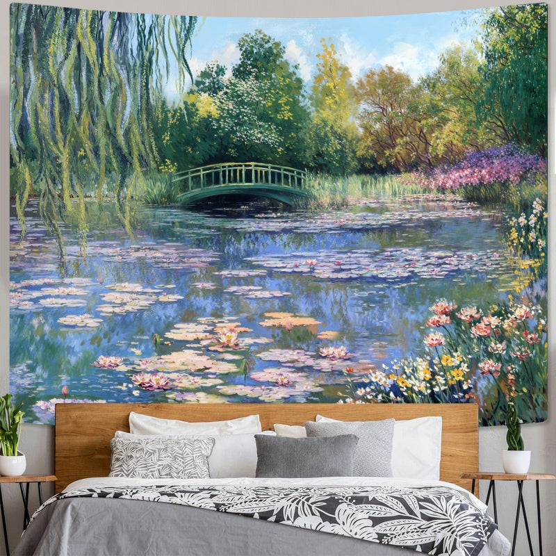 Accnicc Monet Water Lilies Tapestry Green Floral Plant Tapestries Aesthetic Monet Wall Art Posters Nature Flower Garden Landscape Small Tapestrys for Bedroom Living Room Dorm 60 x 44 Inch - Image 3