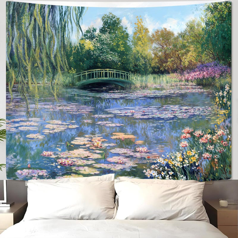 Accnicc Monet Water Lilies Tapestry Green Floral Plant Tapestries Aesthetic Monet Wall Art Posters Nature Flower Garden Landscape Small Tapestrys for Bedroom Living Room Dorm 60 x 44 Inch - Image 1