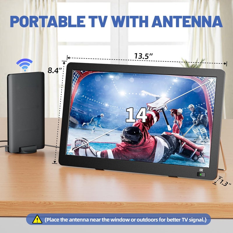 Erasiny تلفاز محمول إيراسيني 14 بوصة مع هوائي مطور ومشغل ATSC، شاشة LCD 1080P، مدخل HDMI/USB/AV، تلفاز محمول صغير للتخييم، السيارة، RV، المنزل، جهاز تحكم عن بعد - Image 3